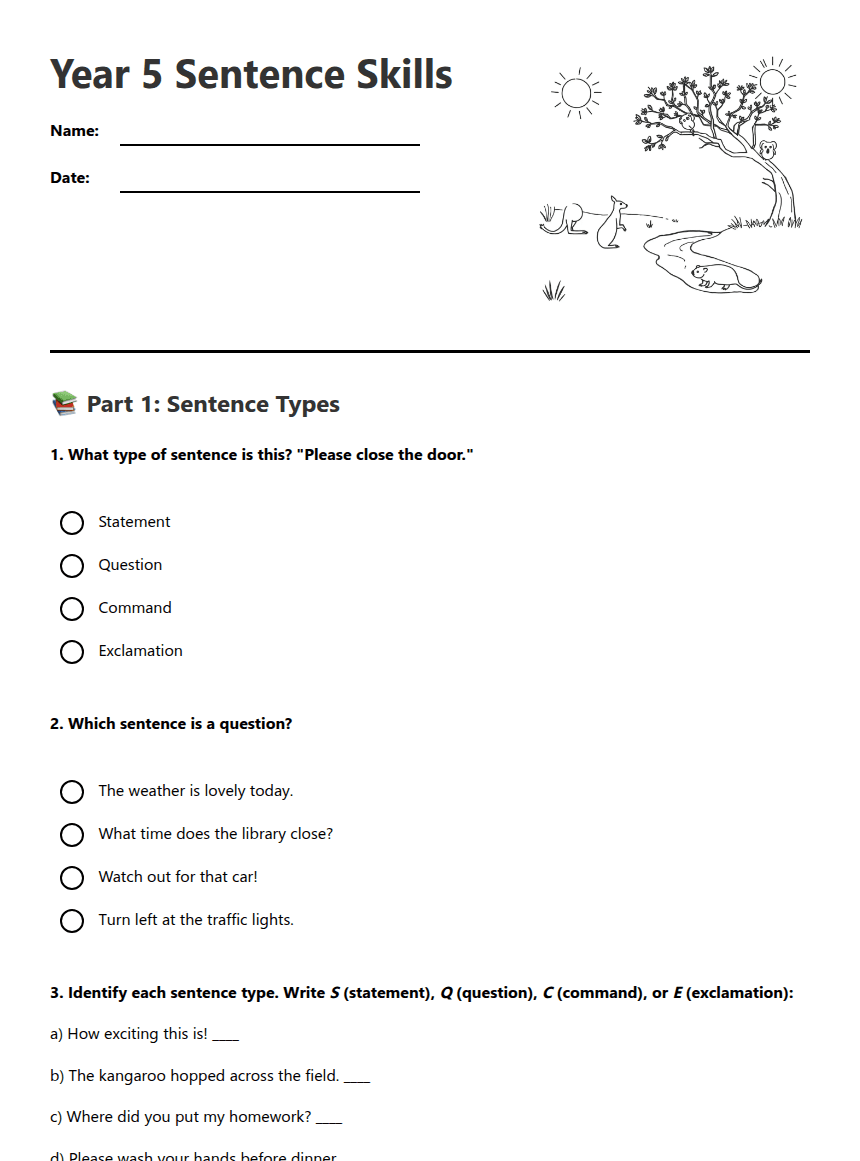 Year 5 Sentence Skills worksheet preview
