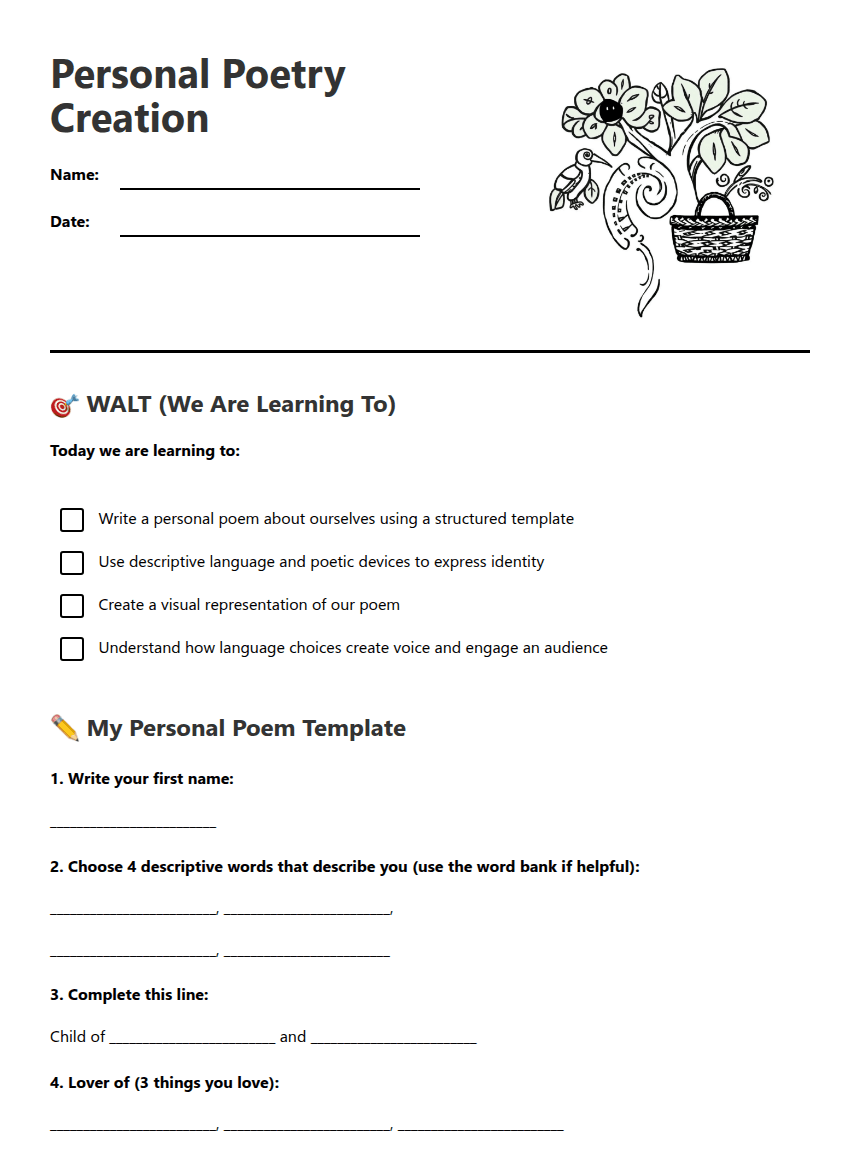 Personal Poetry Creation worksheet preview