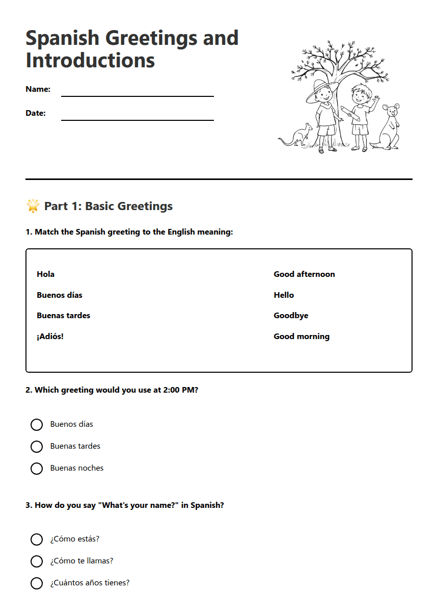 Spanish Greetings and Introductions worksheet preview