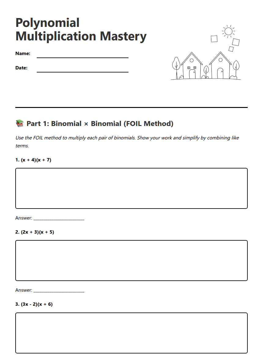 Polynomial Multiplication Mastery worksheet preview