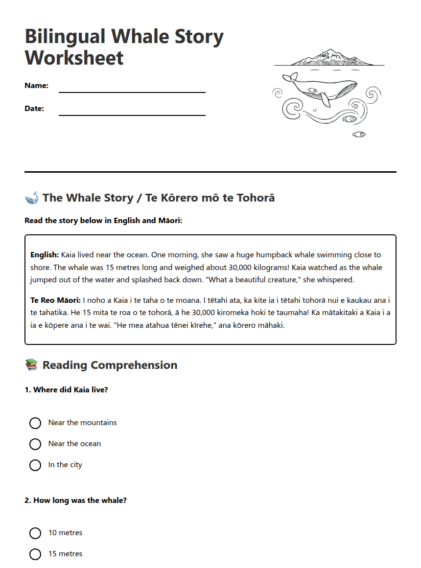 Bilingual Whale Story Worksheet worksheet preview