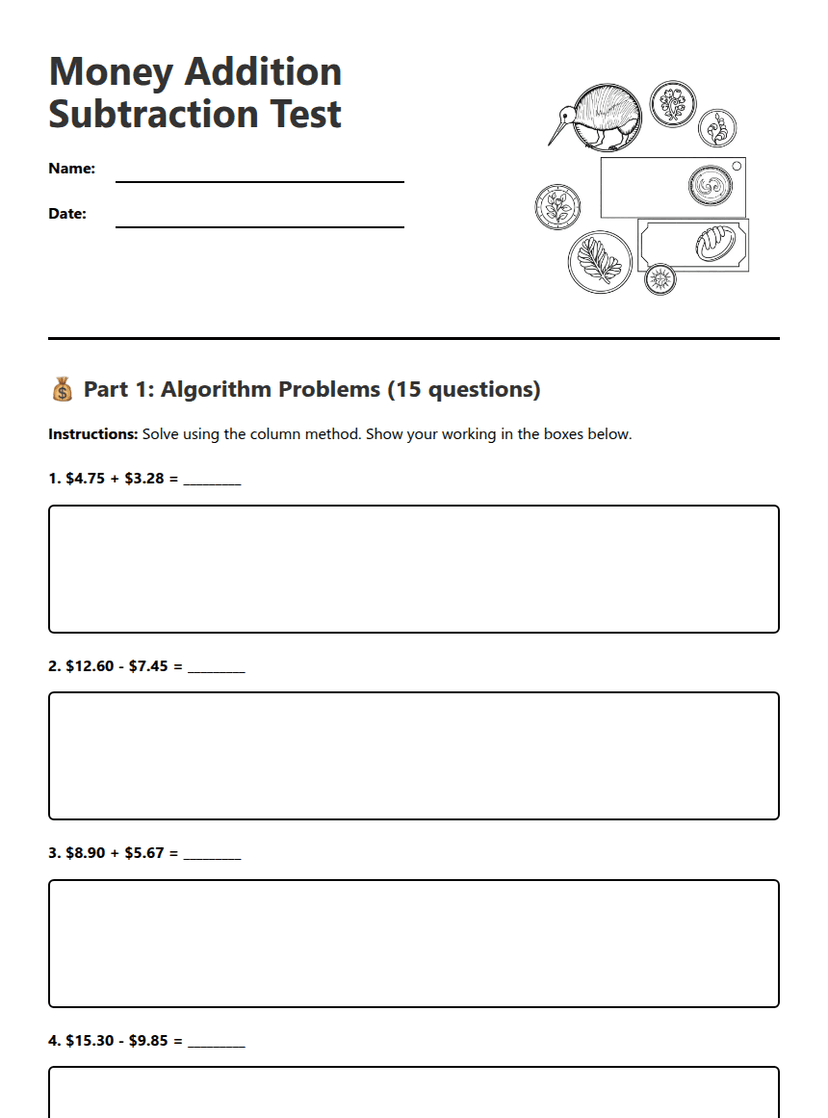 Money Addition Subtraction Test