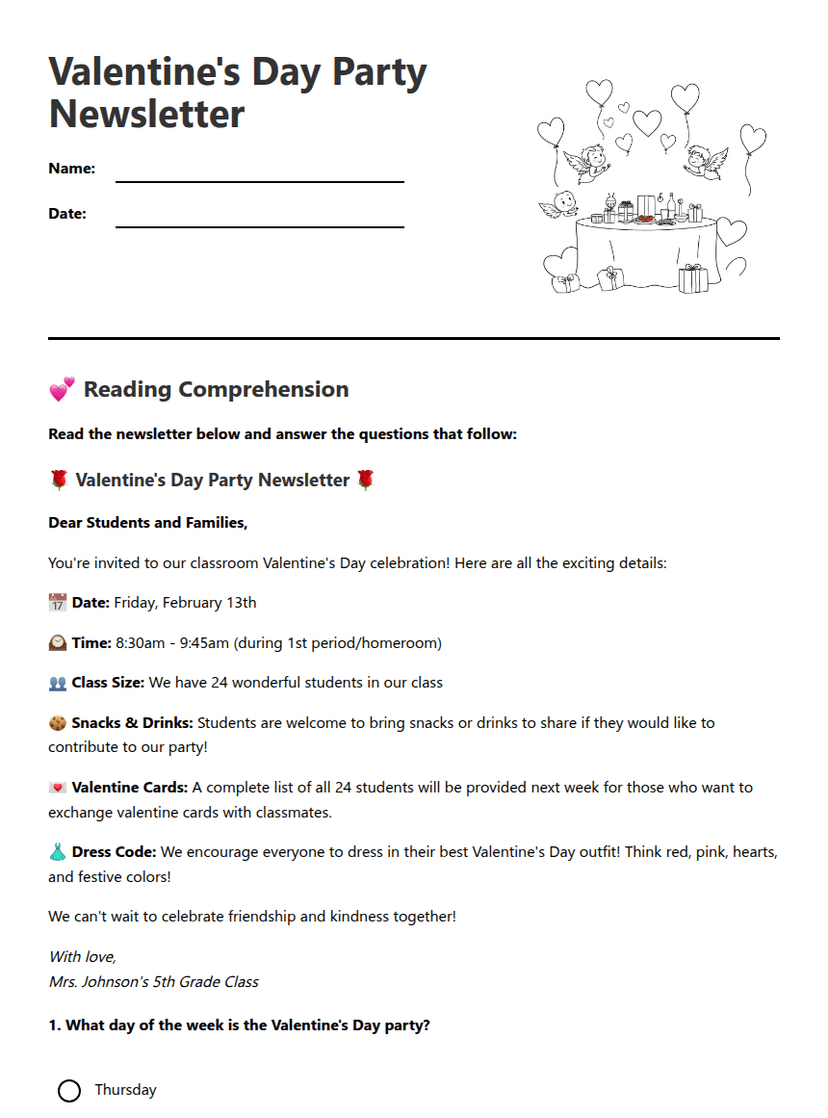 Valentine's Day Party Newsletter
