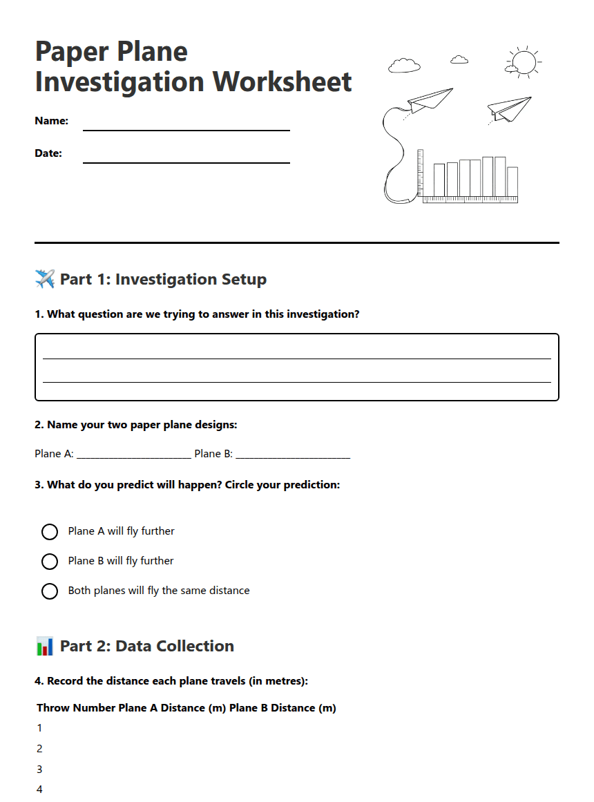 Paper Plane Investigation Worksheet worksheet preview