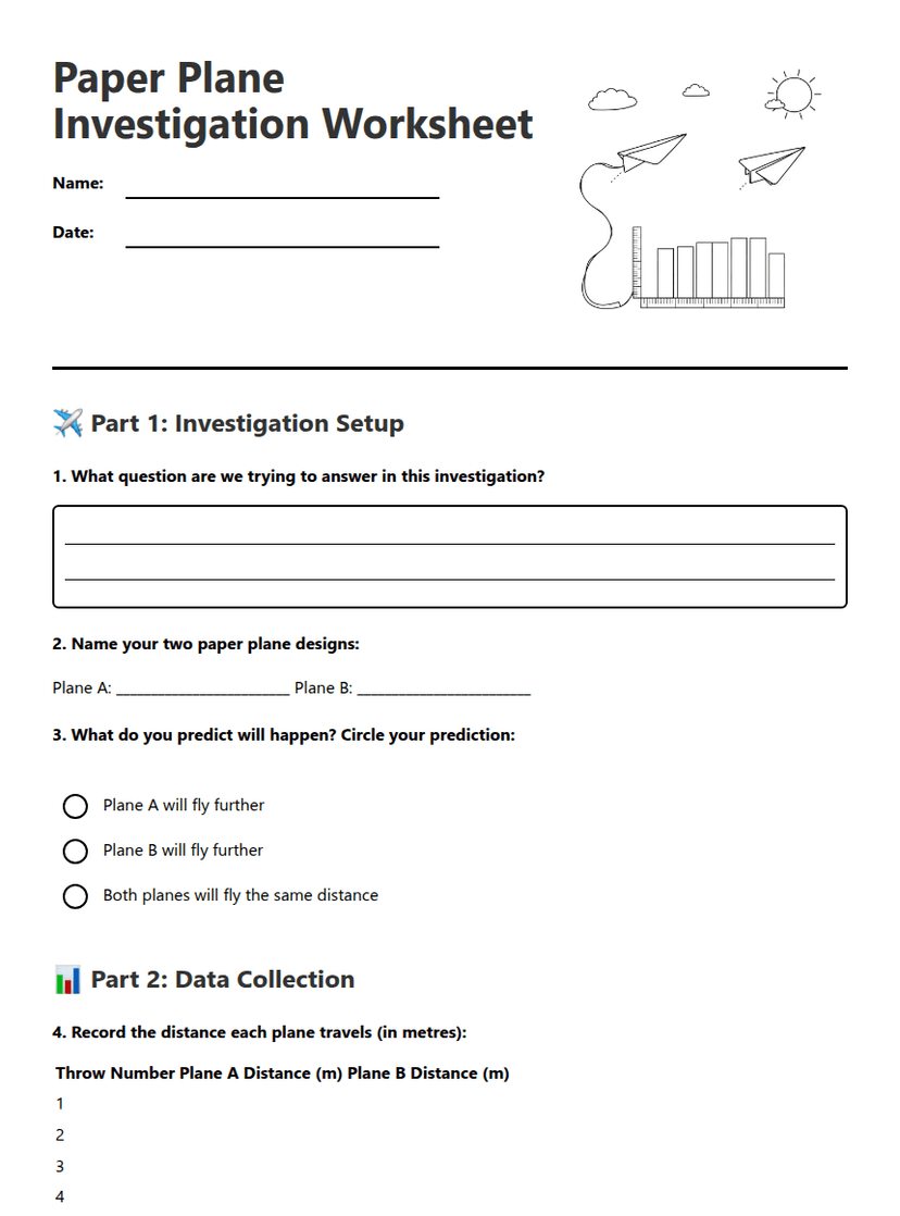 Paper Plane Investigation Worksheet
