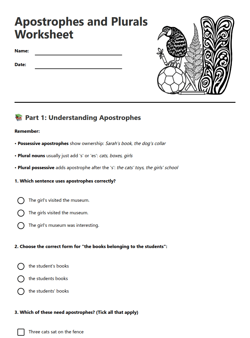 Apostrophes and Plurals Worksheet worksheet preview