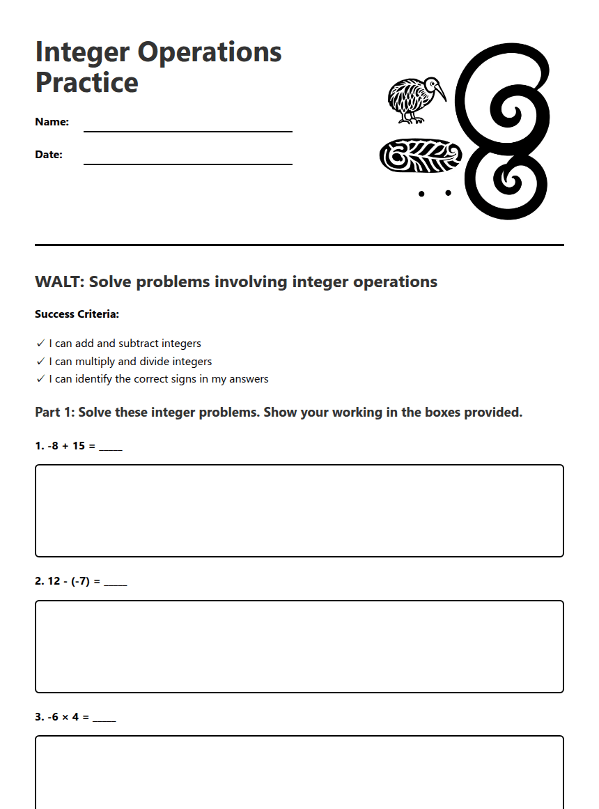 Integer Operations Practice worksheet preview
