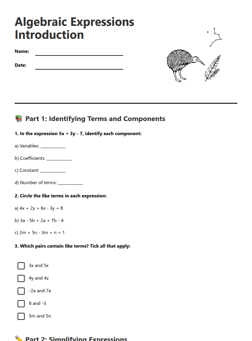 Algebraic Expressions Introduction worksheet preview