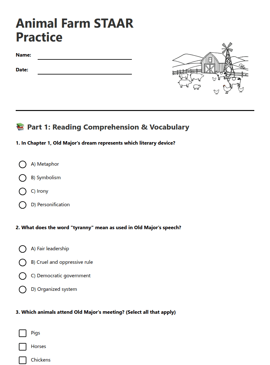 Animal Farm STAAR Practice worksheet preview