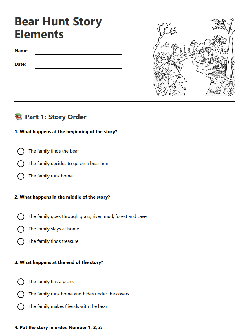Bear Hunt Story Elements worksheet preview
