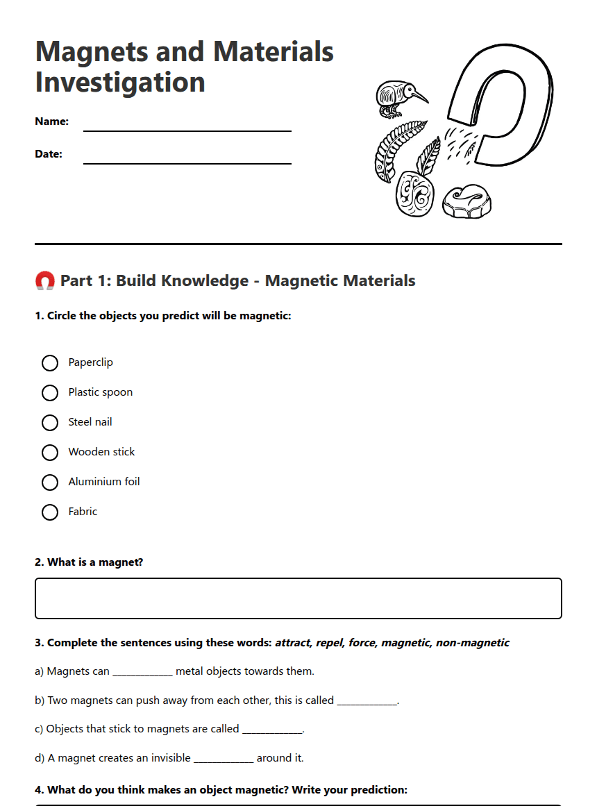 Magnets and Materials Investigation worksheet preview