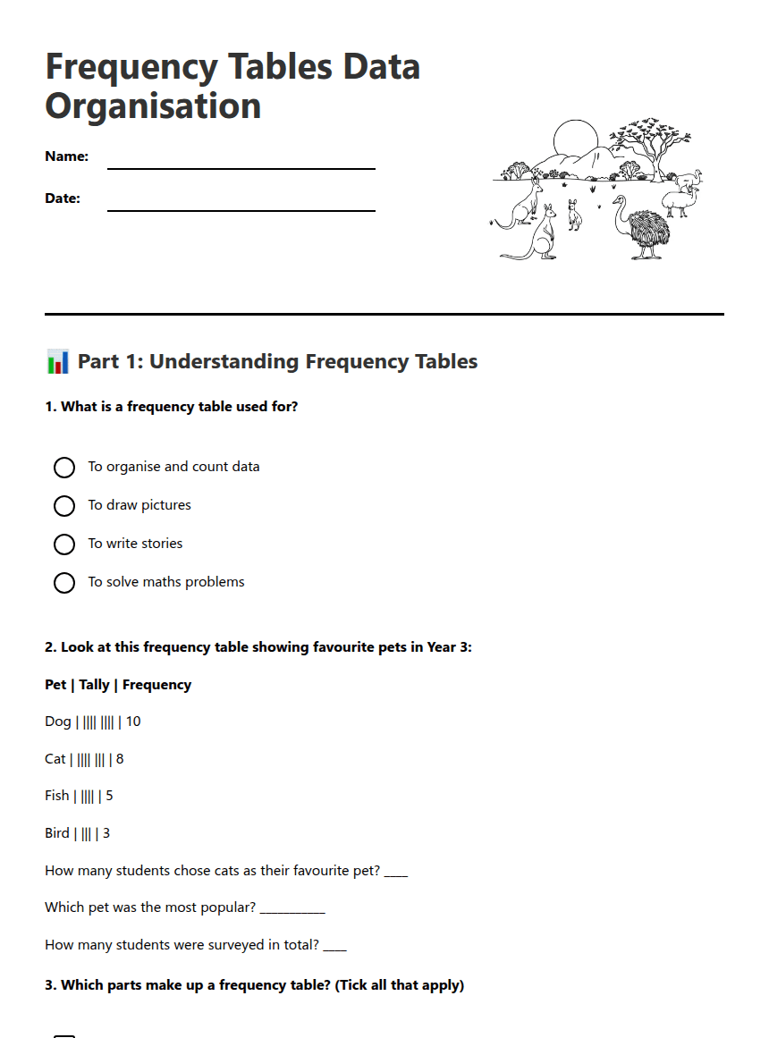 Frequency Tables Data Organisation worksheet preview