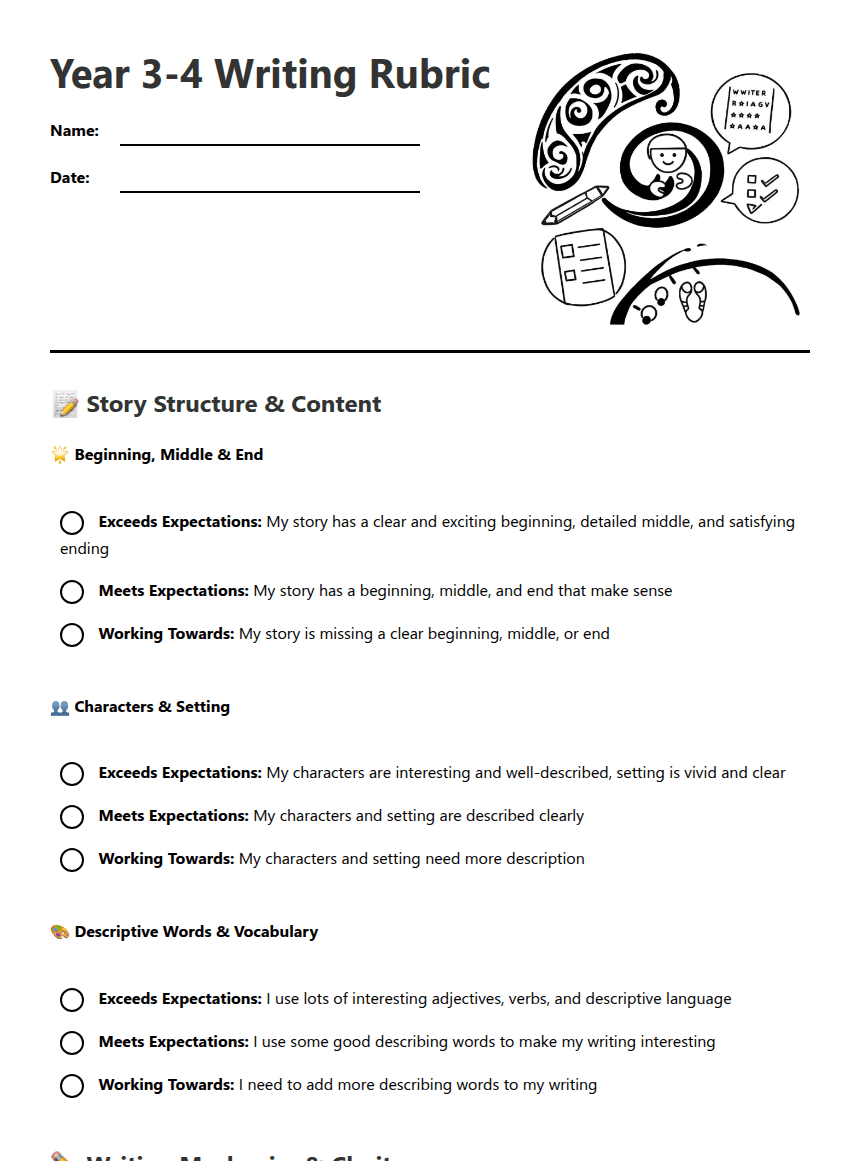 Year 3-4 Writing Rubric worksheet preview