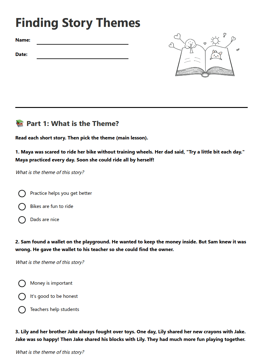 Finding Story Themes worksheet preview