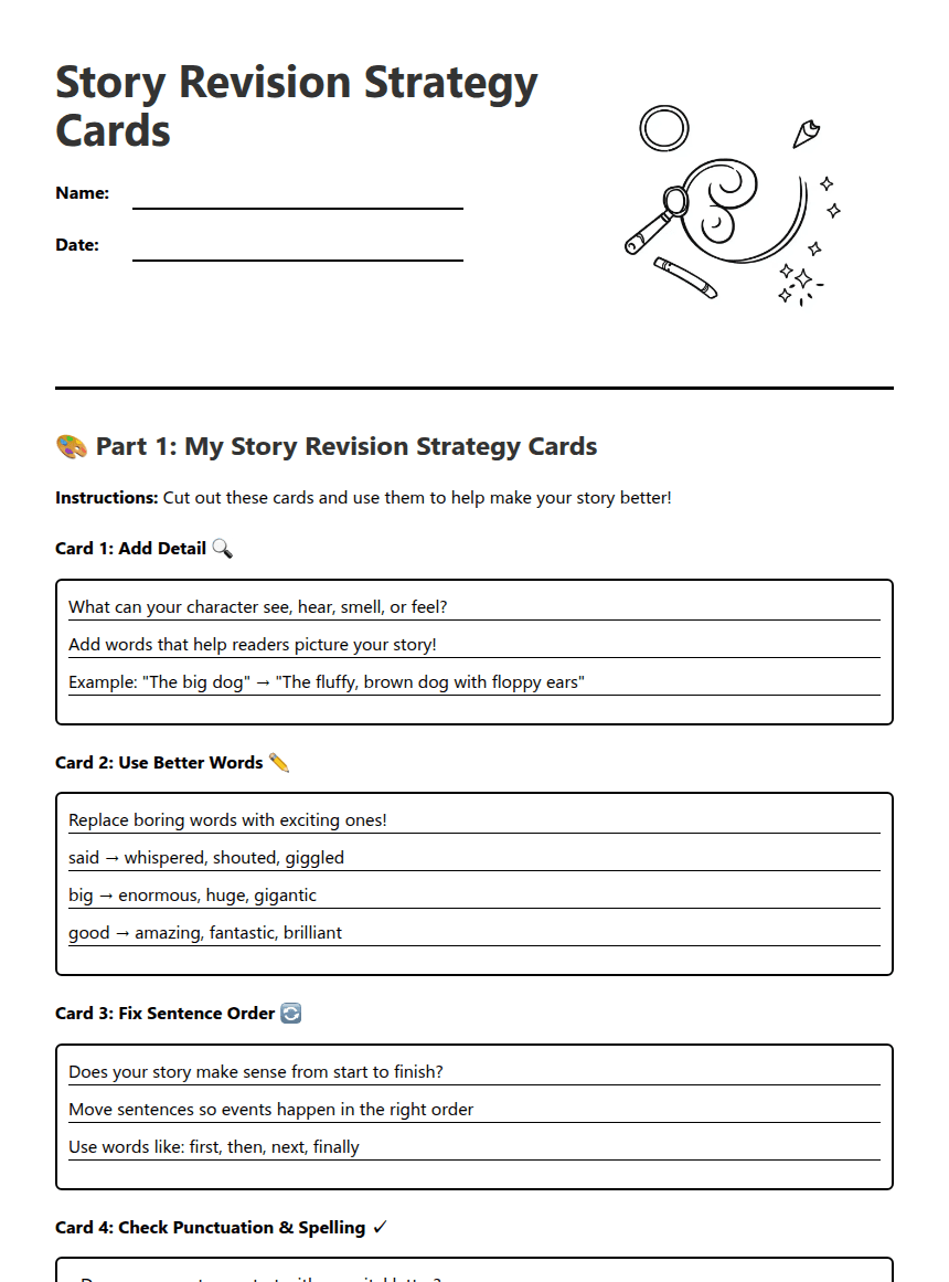 Story Revision Strategy Cards worksheet preview