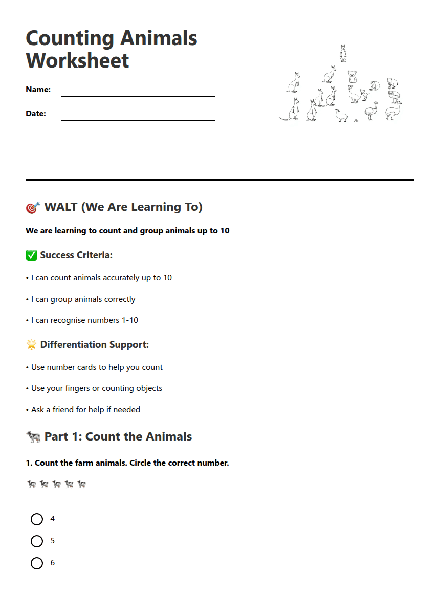 Counting Animals Worksheet worksheet preview