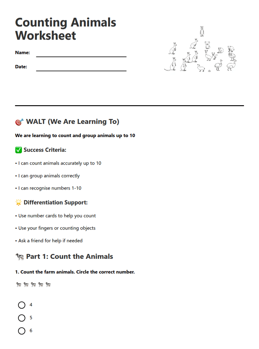 Counting Animals Worksheet
