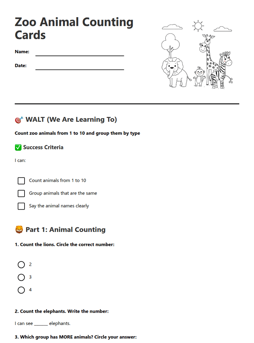 Zoo Animal Counting Cards