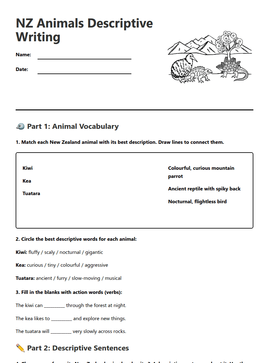 NZ Animals Descriptive Writing worksheet preview