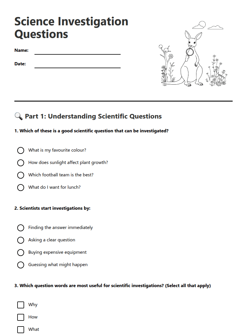 Science Investigation Questions worksheet preview