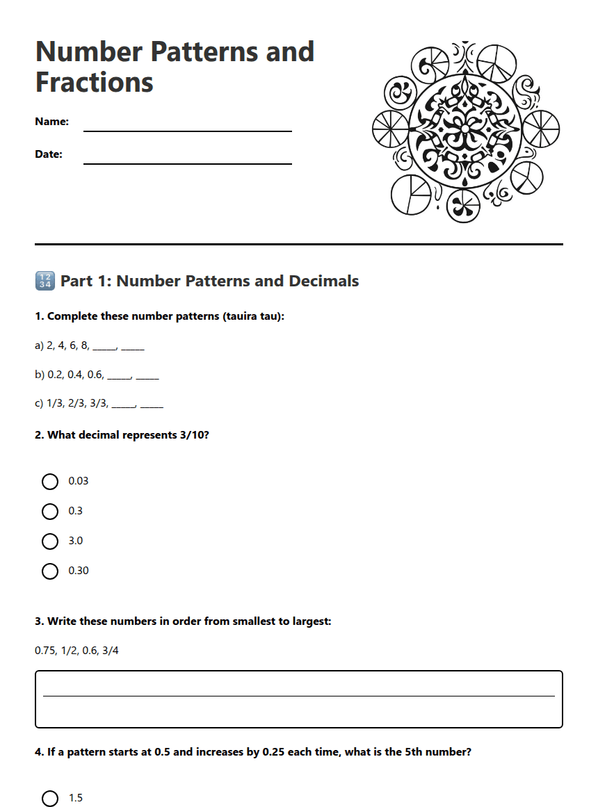 Number Patterns and Fractions worksheet preview