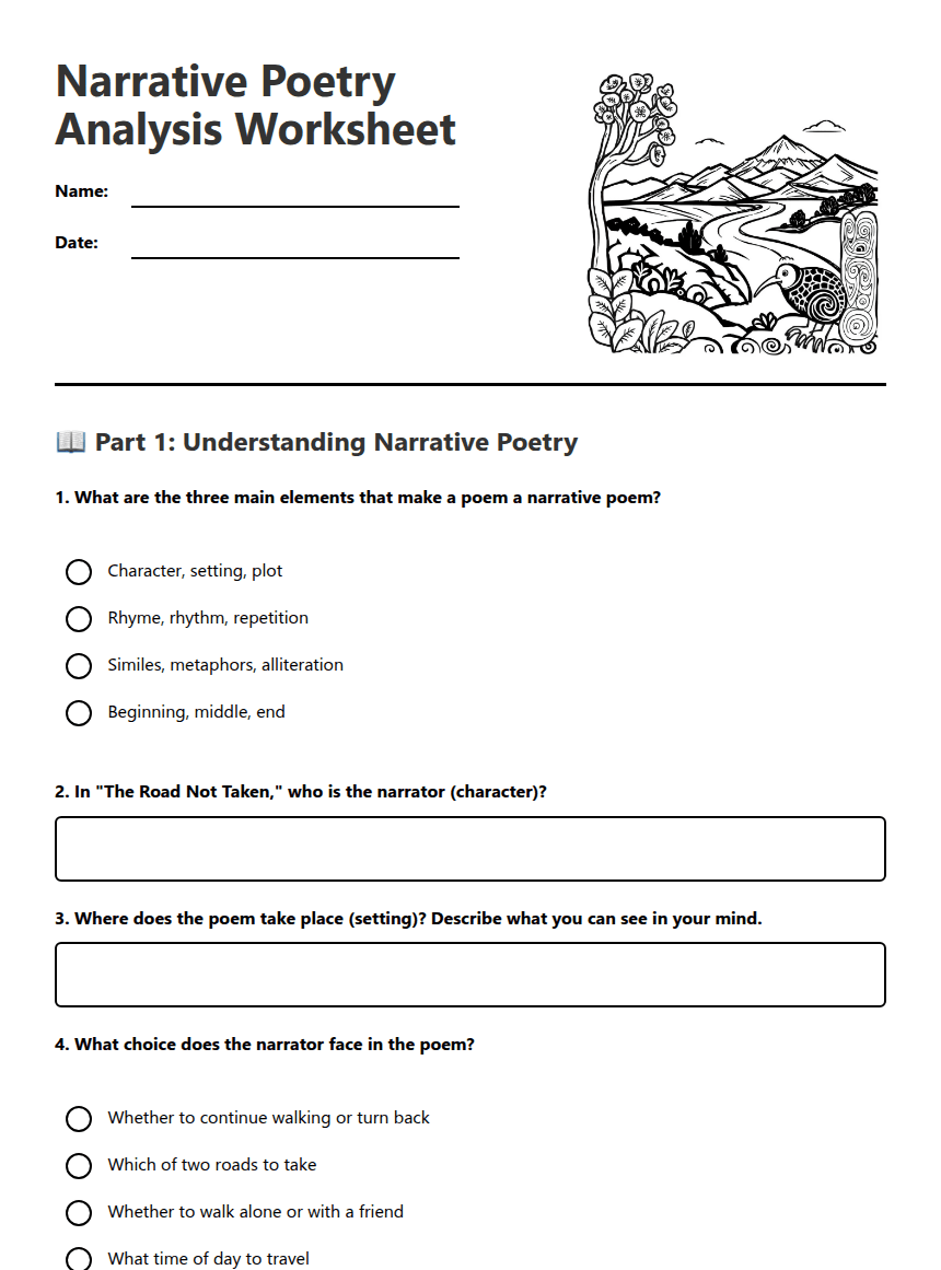 Narrative Poetry Analysis Worksheet worksheet preview