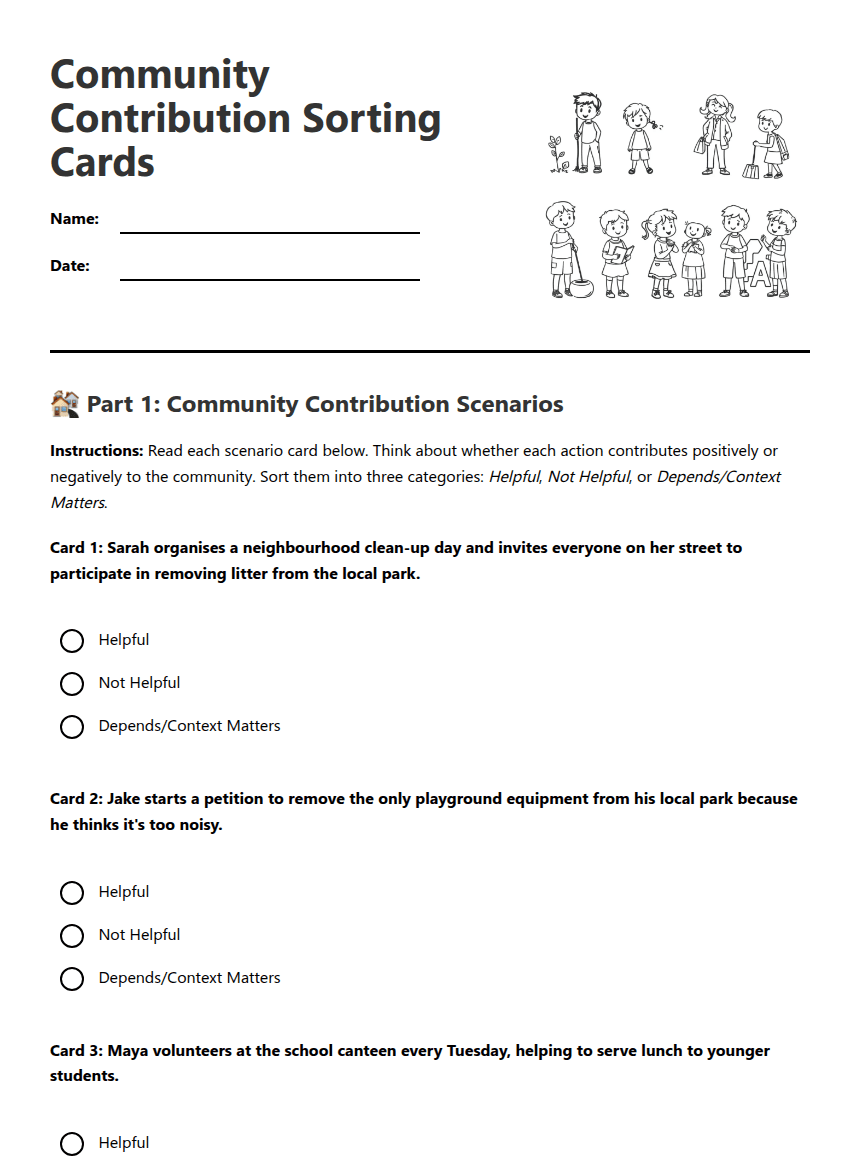 Community Contribution Sorting Cards worksheet preview