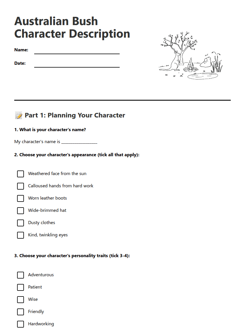 Australian Bush Character Description worksheet preview
