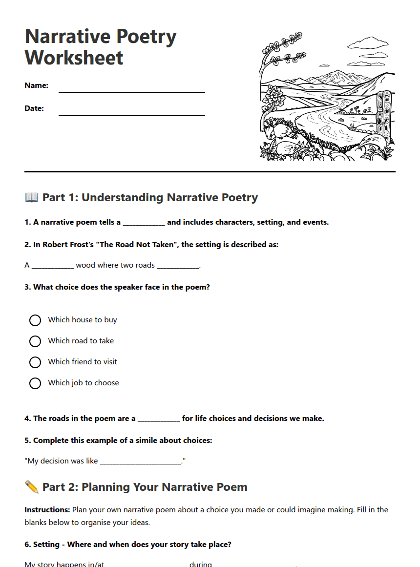 Narrative Poetry Worksheet worksheet preview