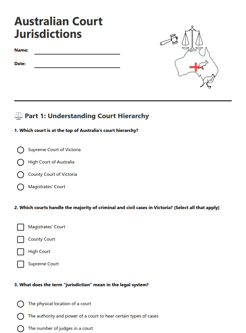 Australian Court Jurisdictions worksheet preview