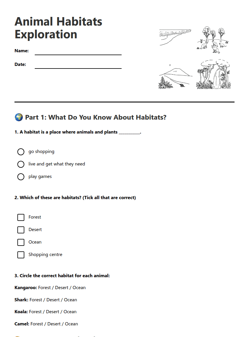 Animal Habitats Exploration worksheet preview