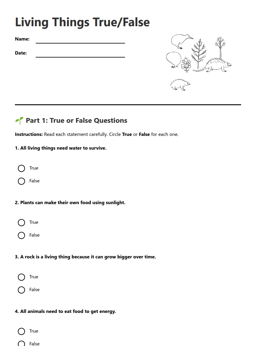 Living Things True/False worksheet preview