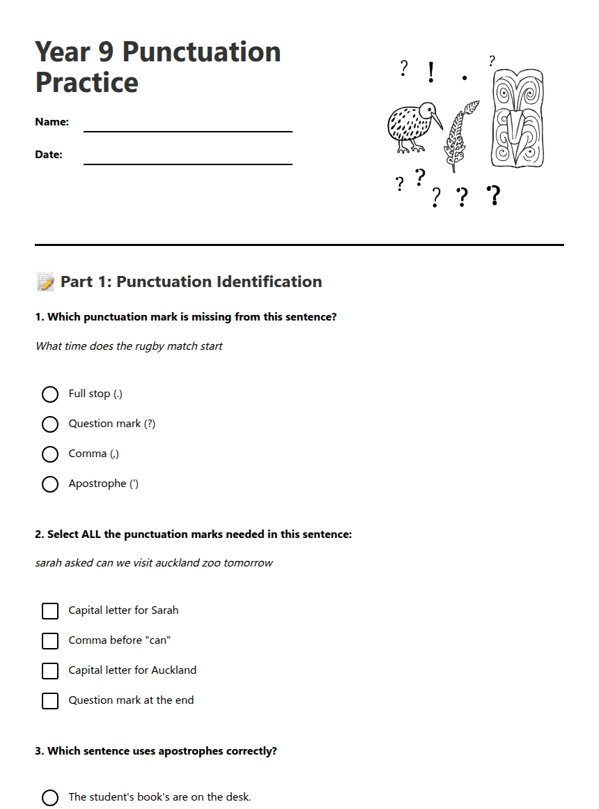 Year 9 Punctuation Practice worksheet preview