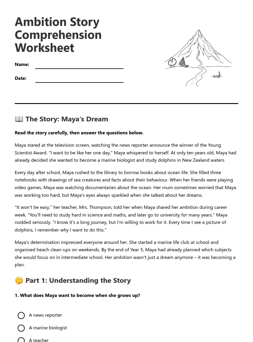 Ambition Story Comprehension Worksheet worksheet preview