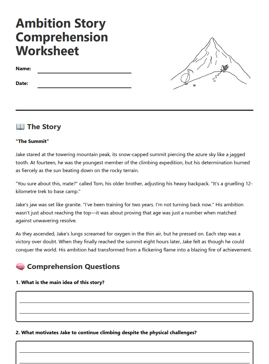 Ambition Story Comprehension Worksheet worksheet preview
