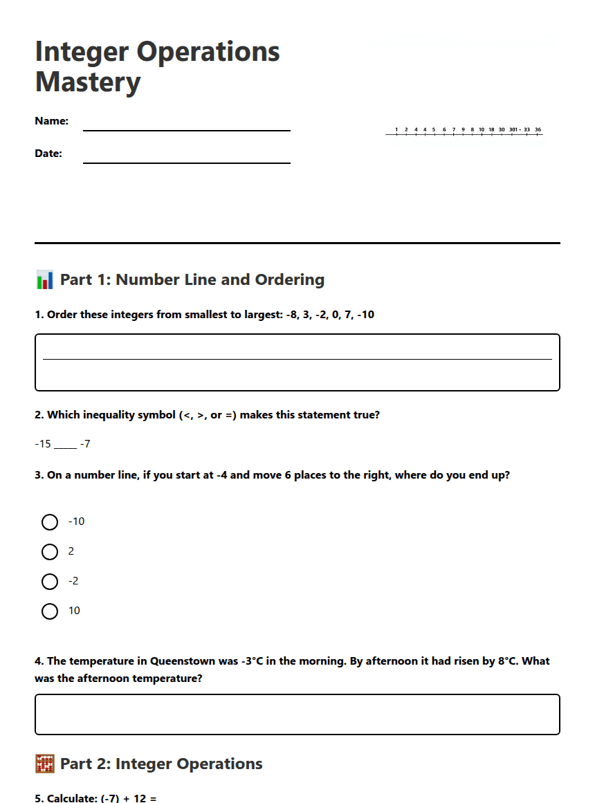 Integer Operations Mastery worksheet preview