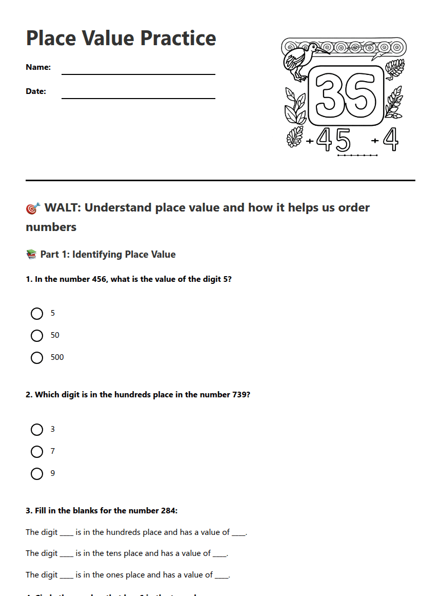 Place Value Practice worksheet preview