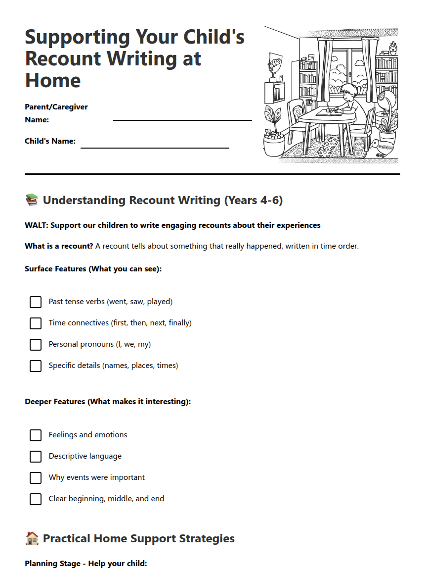 Supporting Recount Writing Home worksheet preview