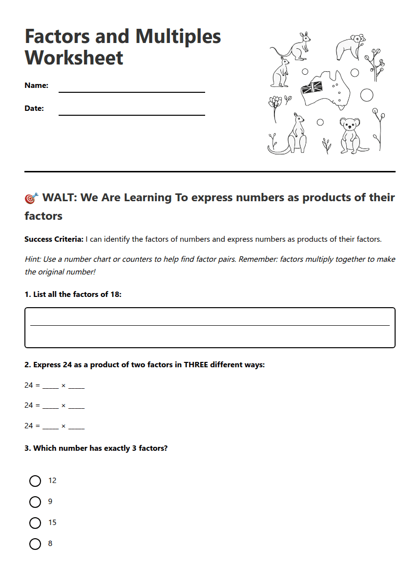 Factors and Multiples Worksheet worksheet preview