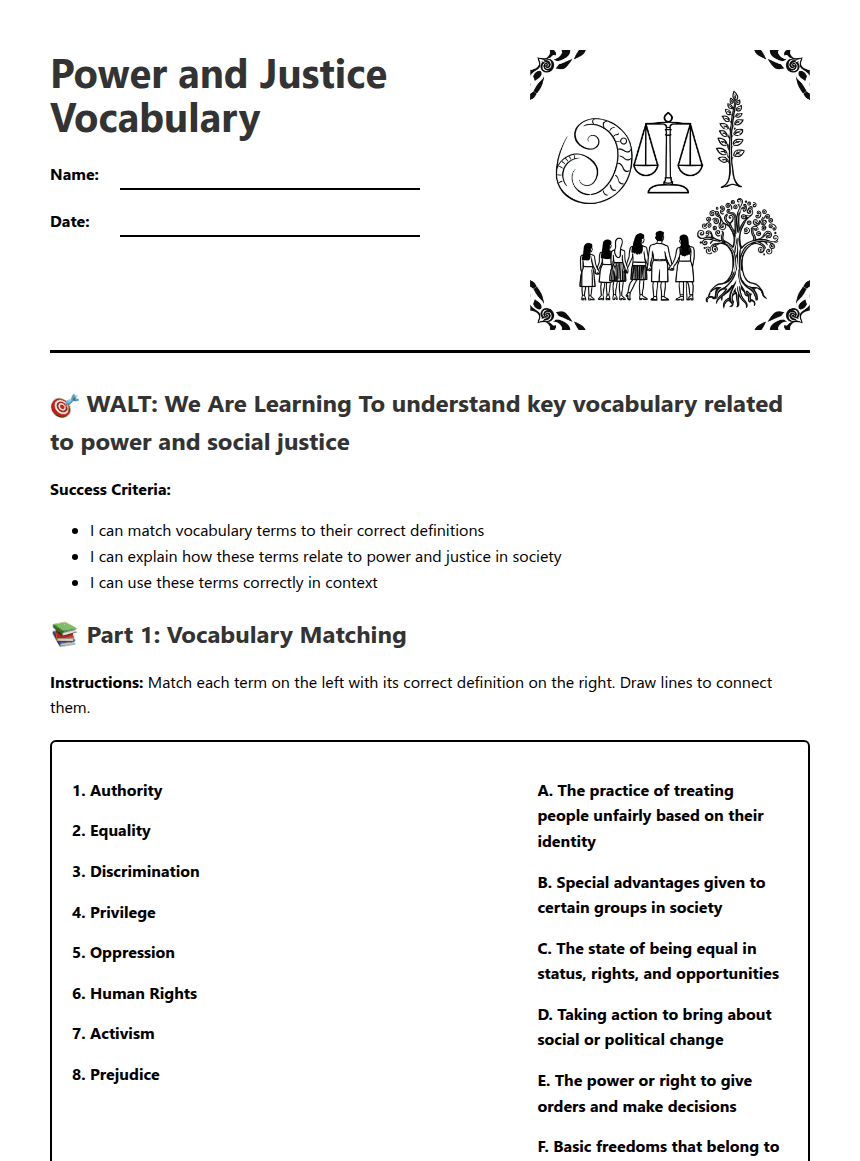 Power and Justice Vocabulary worksheet preview