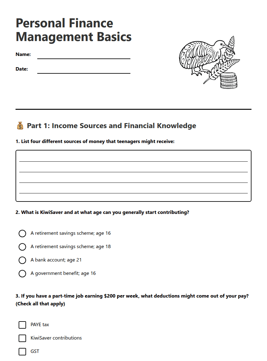 Personal Finance Management Basics worksheet preview