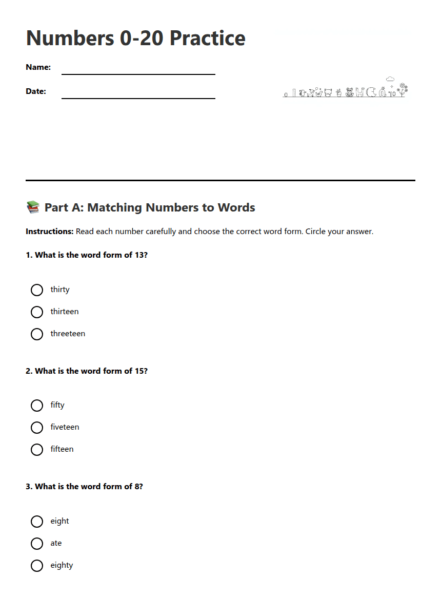 Numbers 0-20 Practice worksheet preview