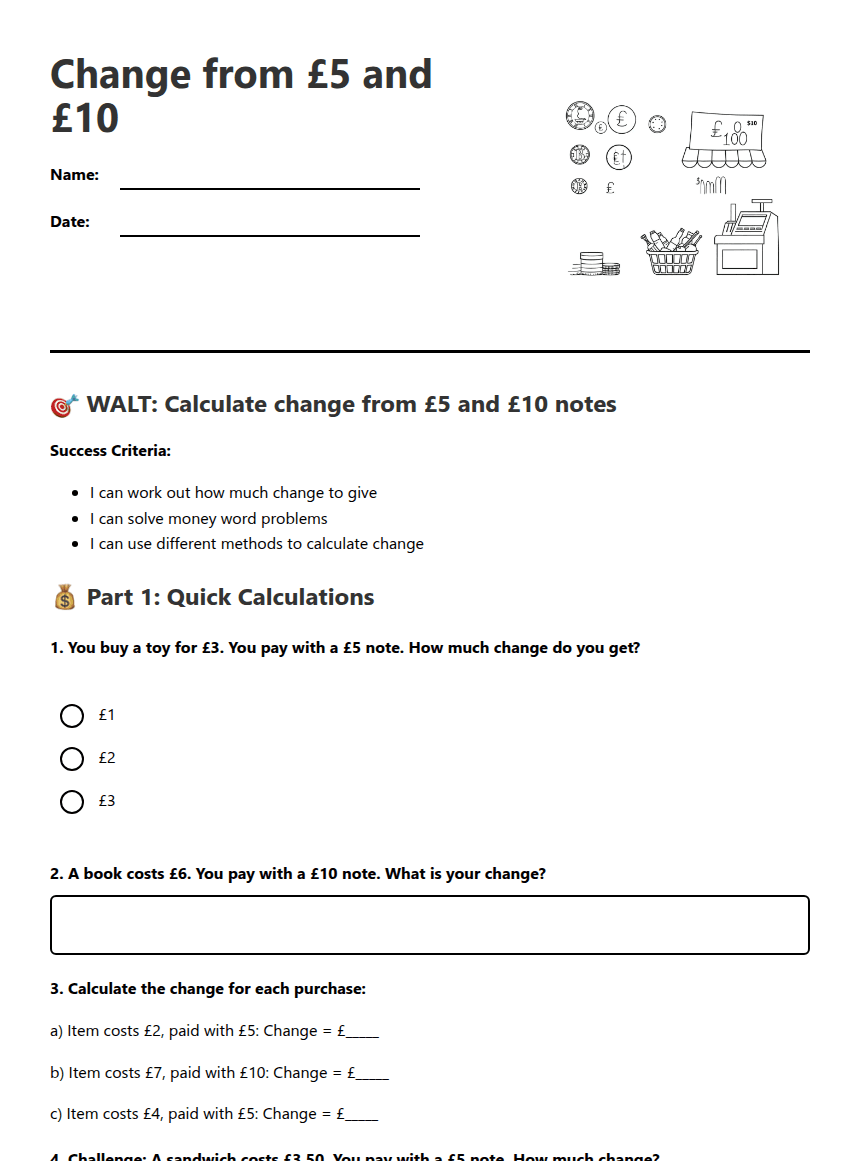 Change from £5 and £10 worksheet preview