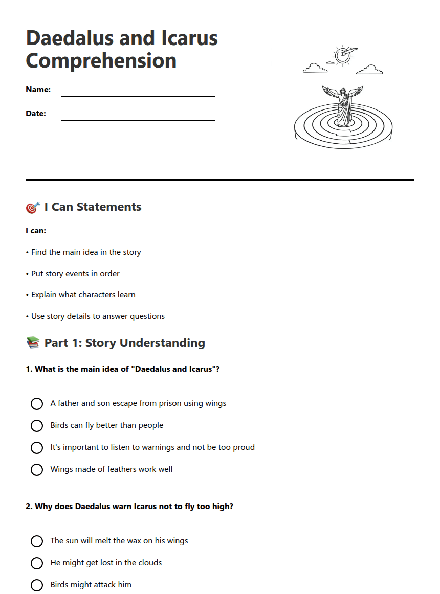 Daedalus and Icarus Comprehension worksheet preview