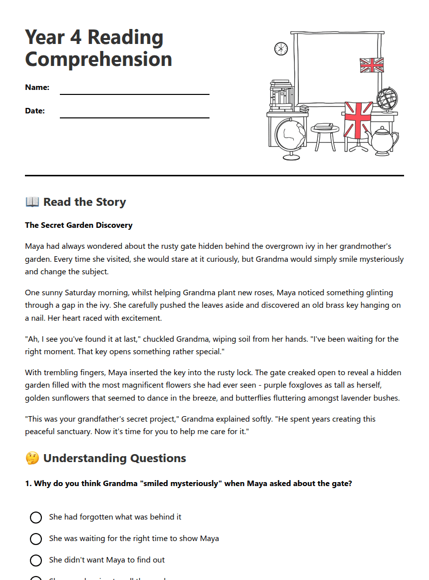 Year 4 Reading Comprehension worksheet preview