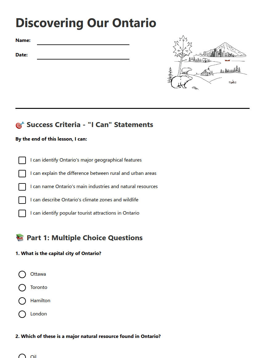 Discovering Our Ontario worksheet preview