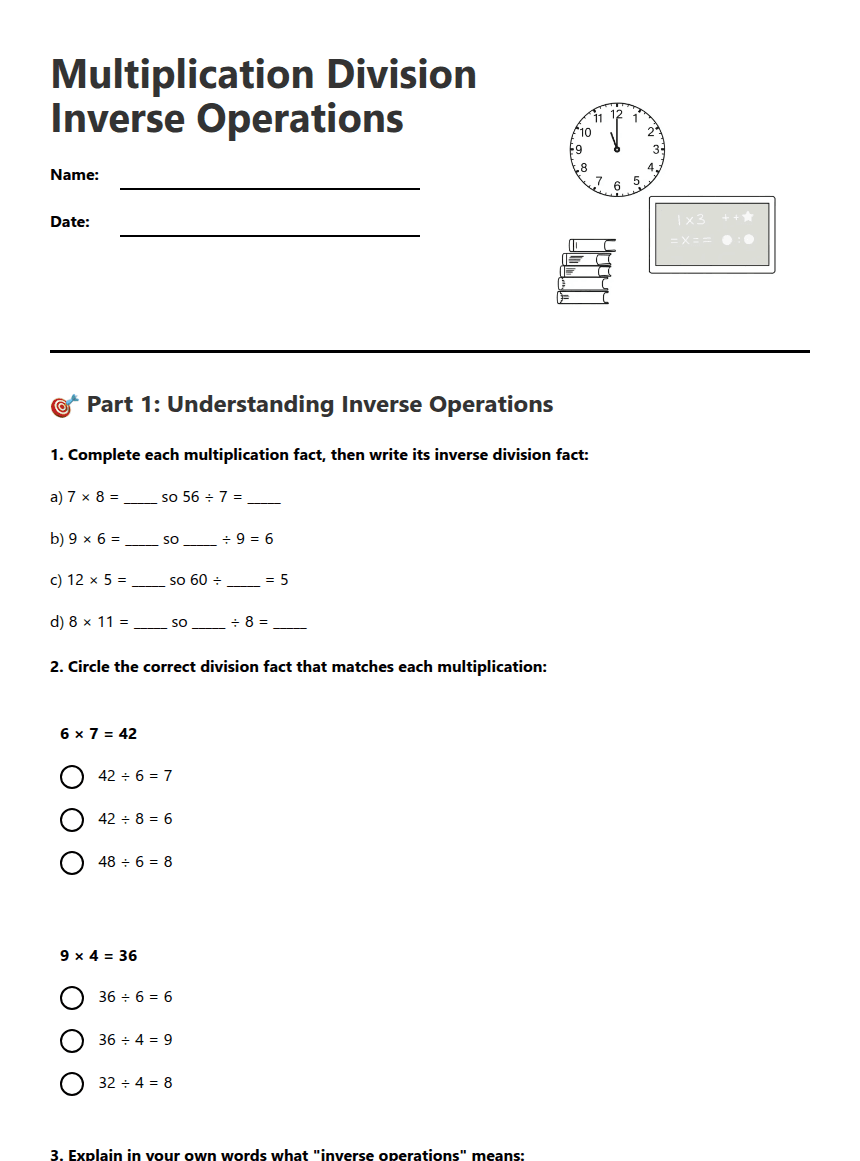 Multiplication Division Inverse Operations worksheet preview