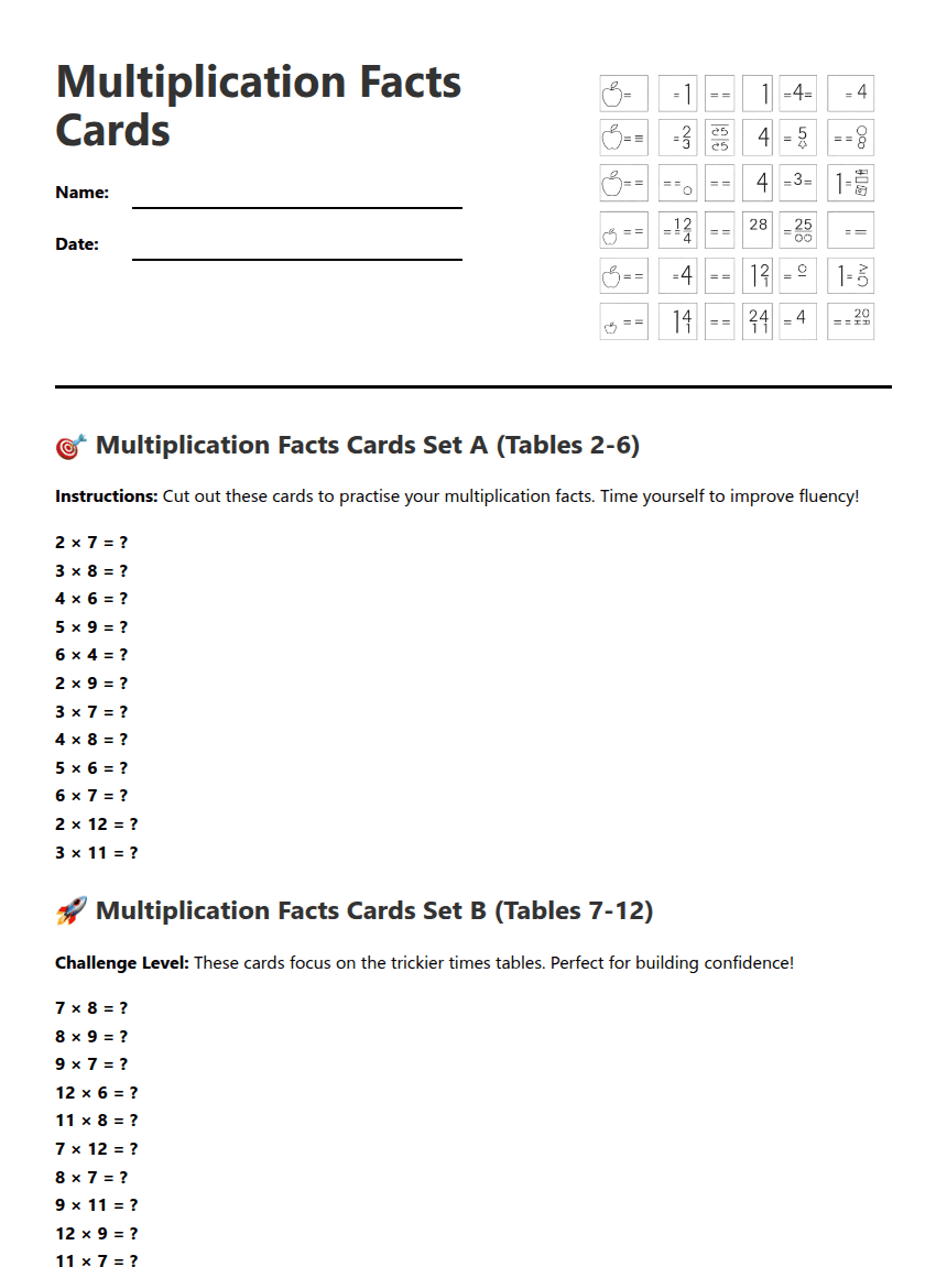 Multiplication Facts Cards worksheet preview