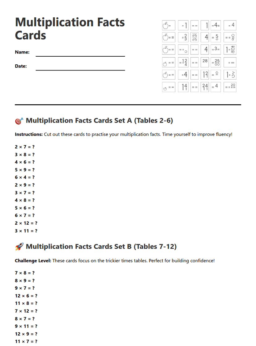 Multiplication Facts Cards