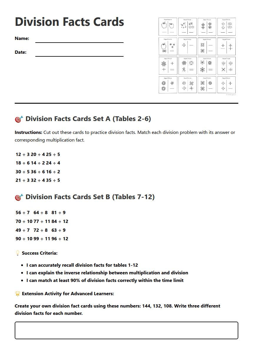 Division Facts Cards worksheet preview